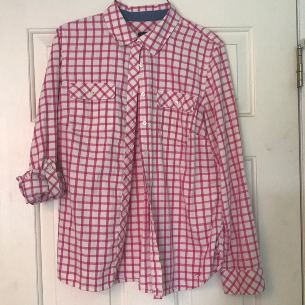 Pink, white and silver plaid button up shirt